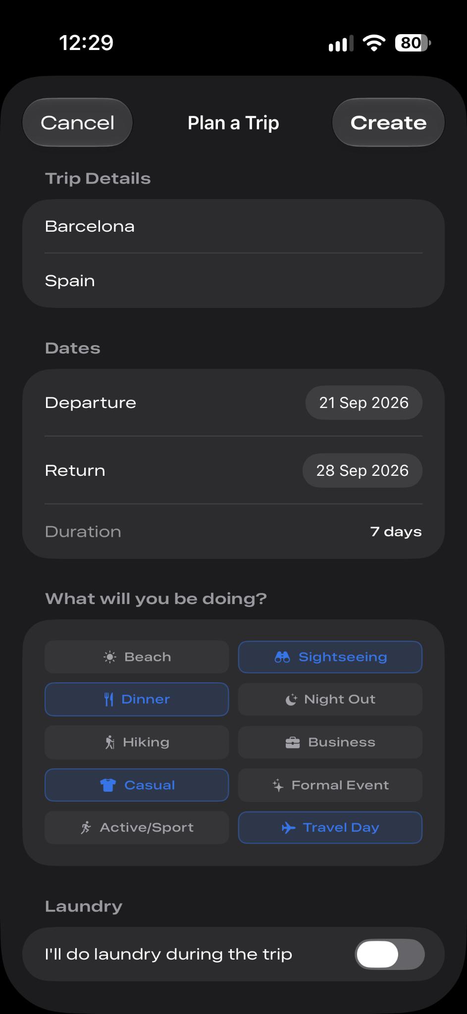 ClosetLoop trip planning interface