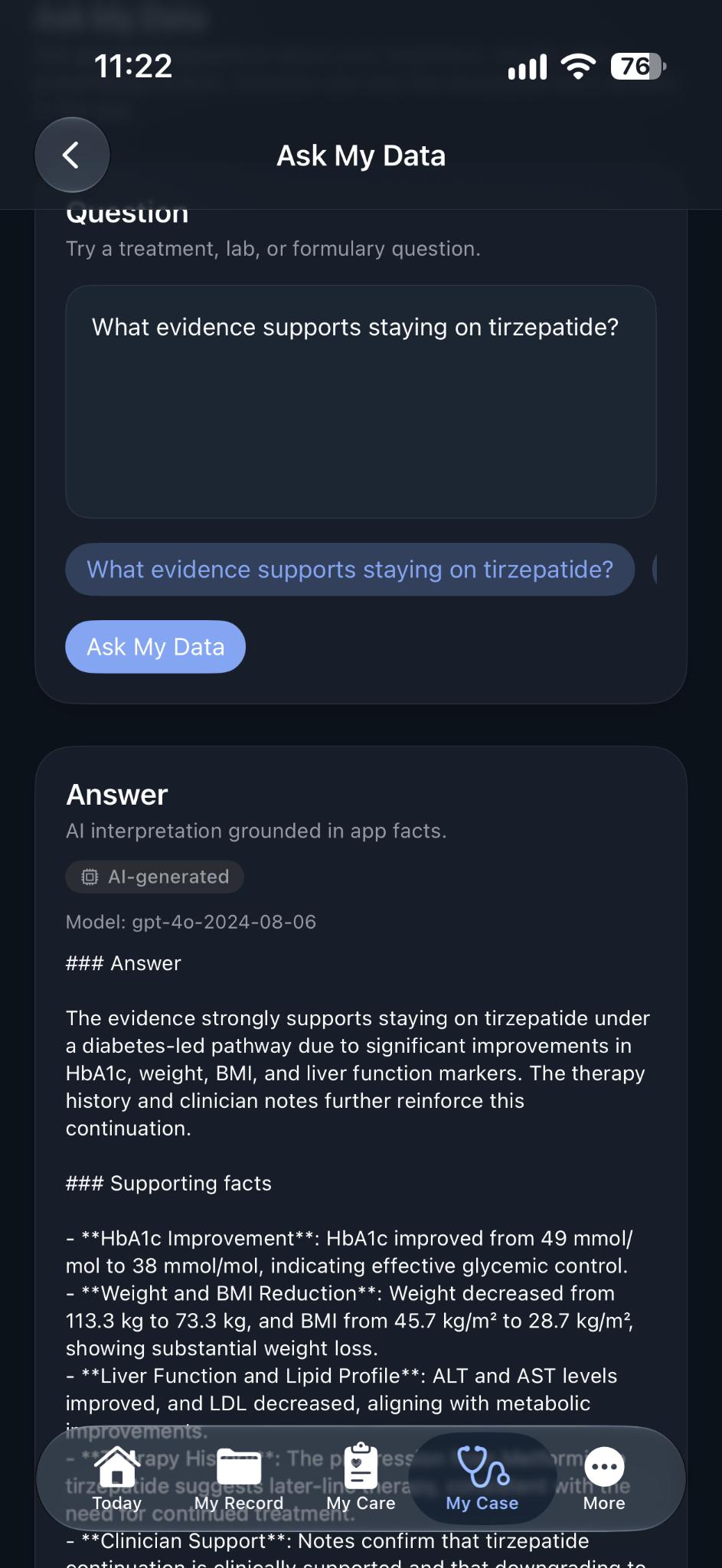 Health Record Ally Ask My Data grounded AI response
