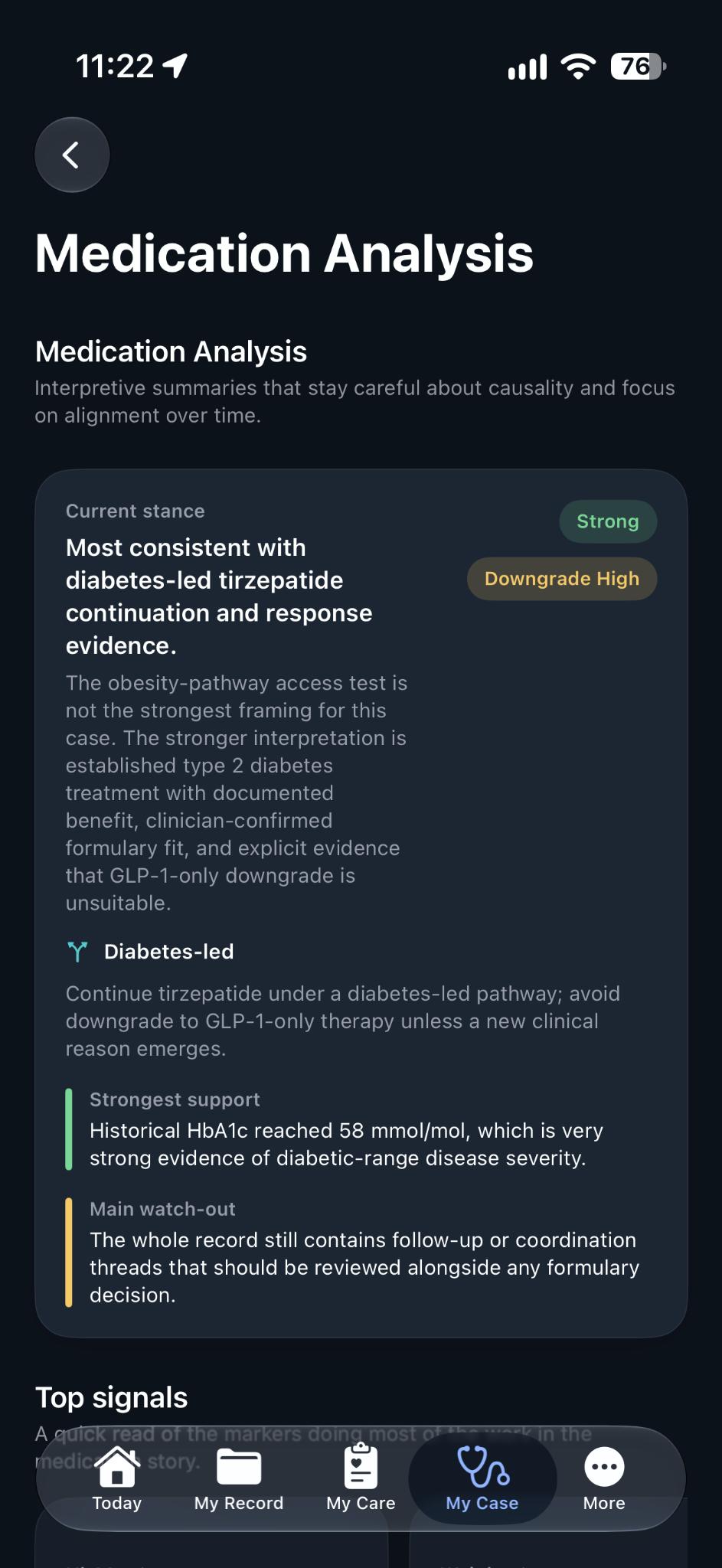 Health Record Ally medication analysis showing treatment stance and supporting evidence